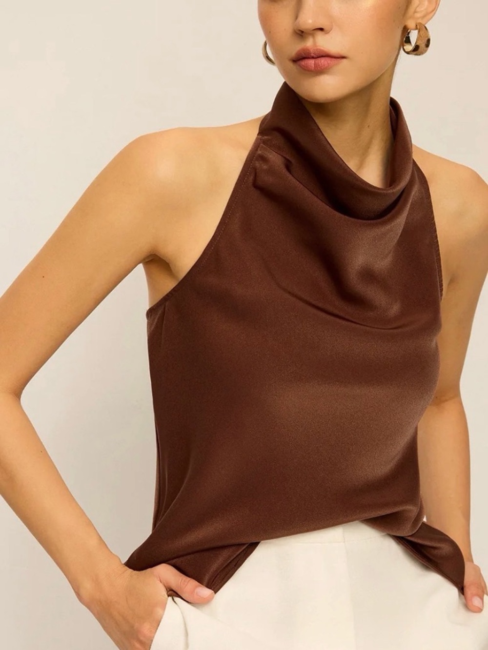 Commense Satin Cowl Halter Top - Brown